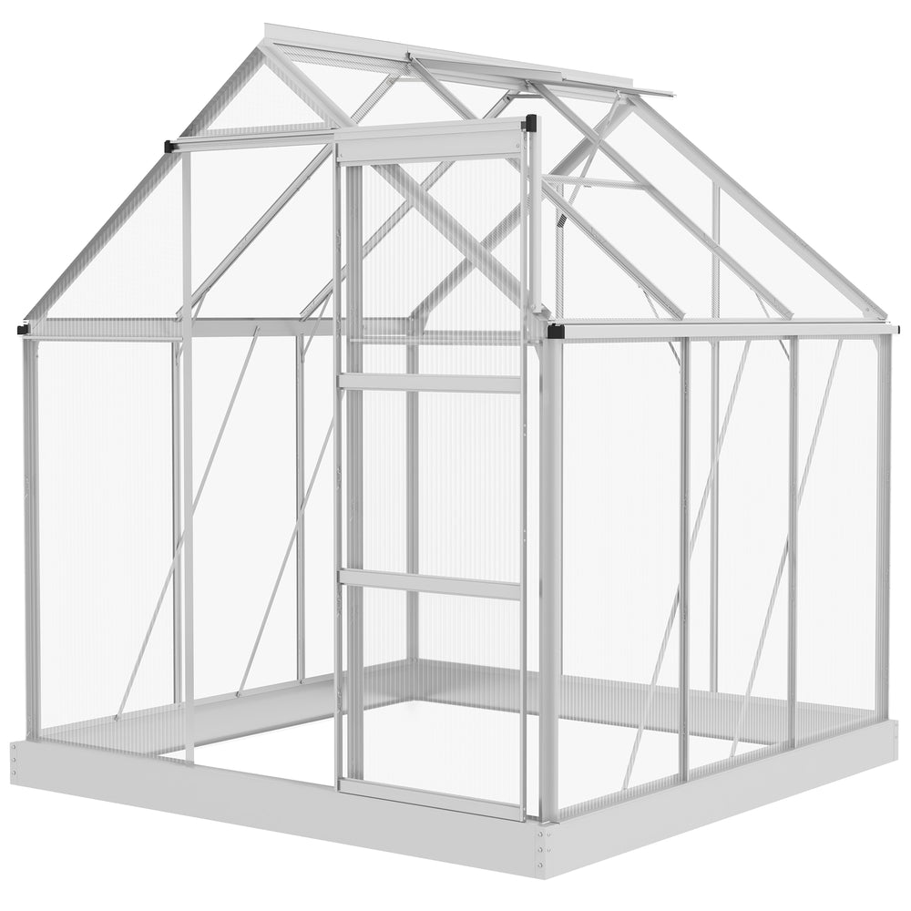 6' x 6' Polycarbonate Greenhouse, Walk-In Greenhouse with Sliding Door, Adjustable Vent, Aluminium Frame and Foundation Kit, Garden Grow House with Rain Gutter, Silver