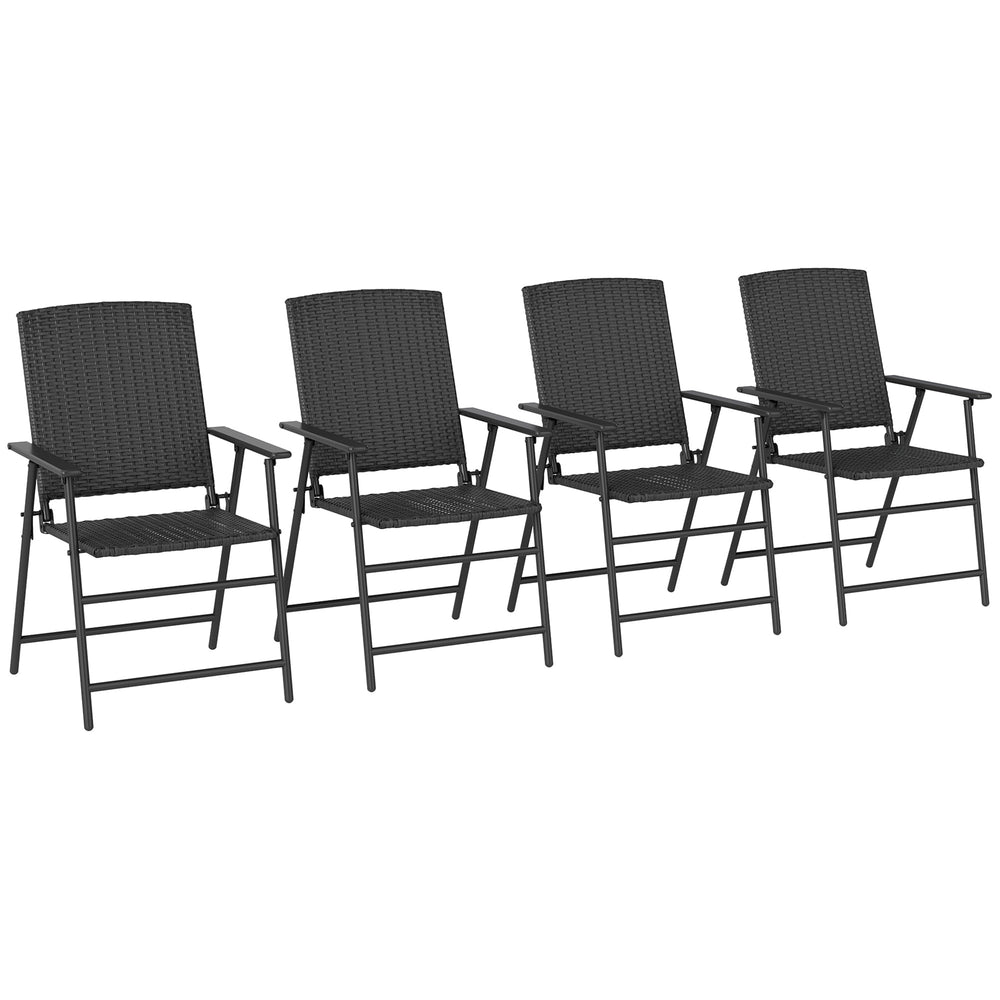 Folding Garden Chairs Set of 4, PE Rattan Garden Dining Chairs with Armrests, High Back and Steel Frame, Weather Resistant Outdoor Dining Furniture for Patio, Balcony, Black
