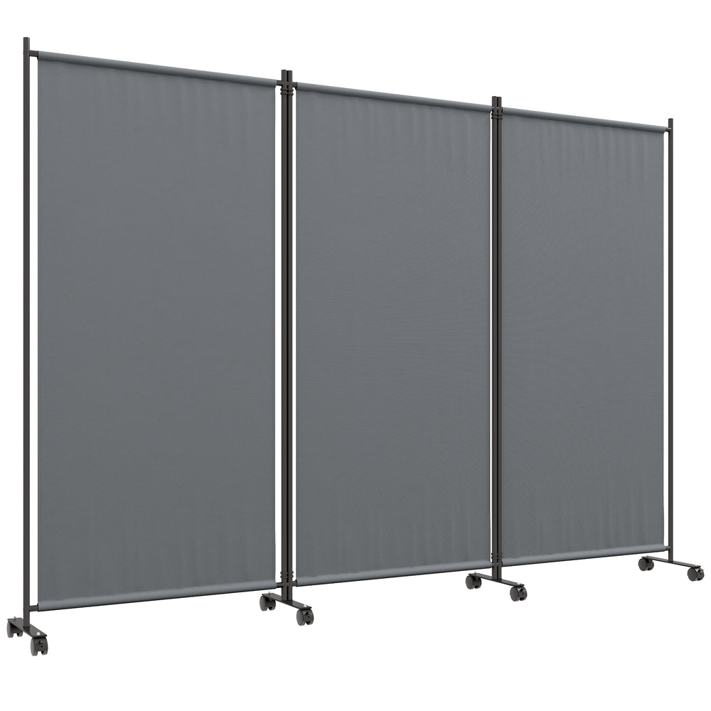 3 Panel Folding Room Divider with Lockable Wheels, 6ft Rolling Privacy Screen, Portable Freestanding Privacy Panel for Garden Backyard Deck Pool Hot Tub, Dark Grey