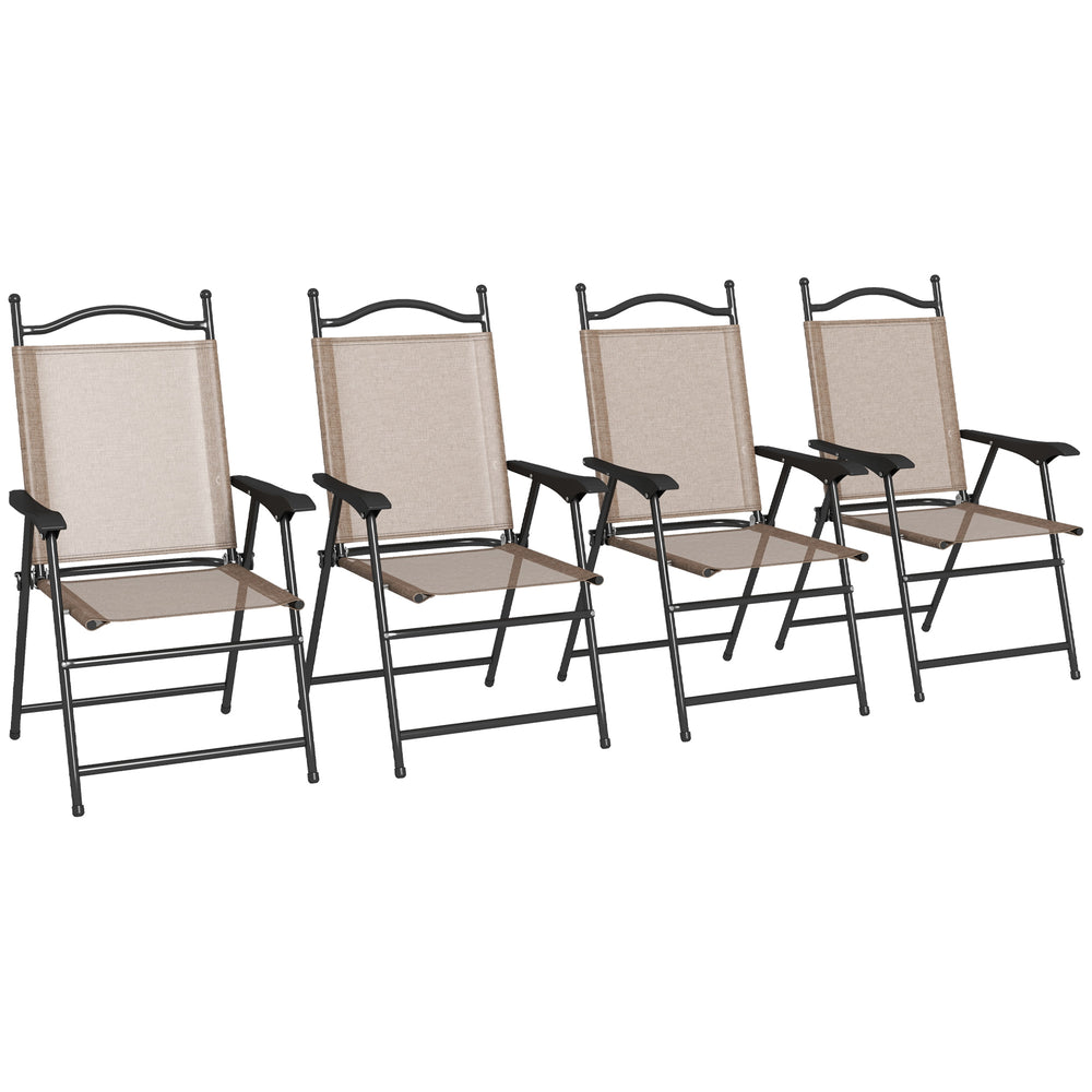Outsunny Folding Patio Chairs, Set of 4 Sports Chairs for Adults, Camping Chairs with Armrests, Breathable Mesh Fabric Seat for Lawn, Brown