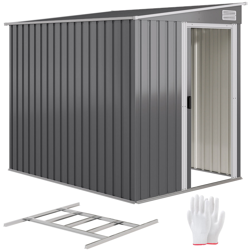 5 x 7FT Lean to Outdoor Storage Shed with Foundation Kit, Metal Garden Shed with Adjustable Shelves, Sliding Door, Vents, Hooks for Backyard, Patio, Lawn, Dark Grey