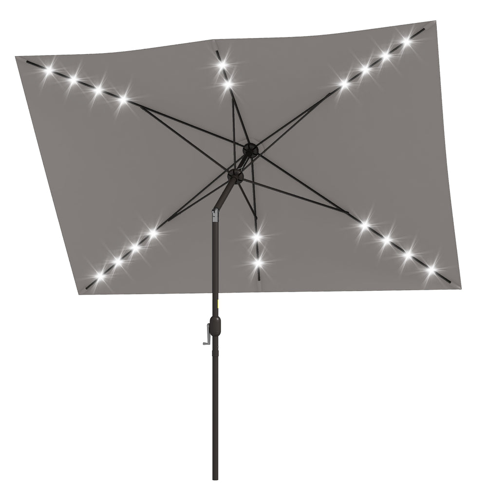 6.5x10ft Patio Umbrella Rectangle Solar Powered Tilt Aluminum Outdoor Market Parasol with LEDs Crank (Light Grey)