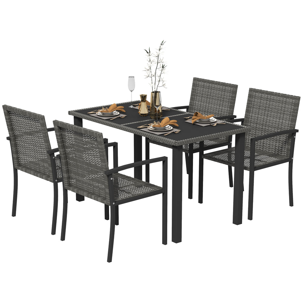 4 Seater Rattan Dining Set with Rectangular Glass Top Table and 4 Armchairs, PE Rattan Garden Furniture Set, Outdoor Dining Table and Chairs for Patio, Balcony, Lawn, Grey