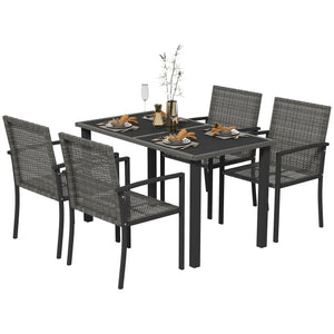 4 Seater Rattan Dining Set with Rectangular Glass Top Table and 4 Armchairs, PE Rattan Garden Furniture Set, Outdoor Dining Table and Chairs for Patio, Balcony, Lawn, Grey