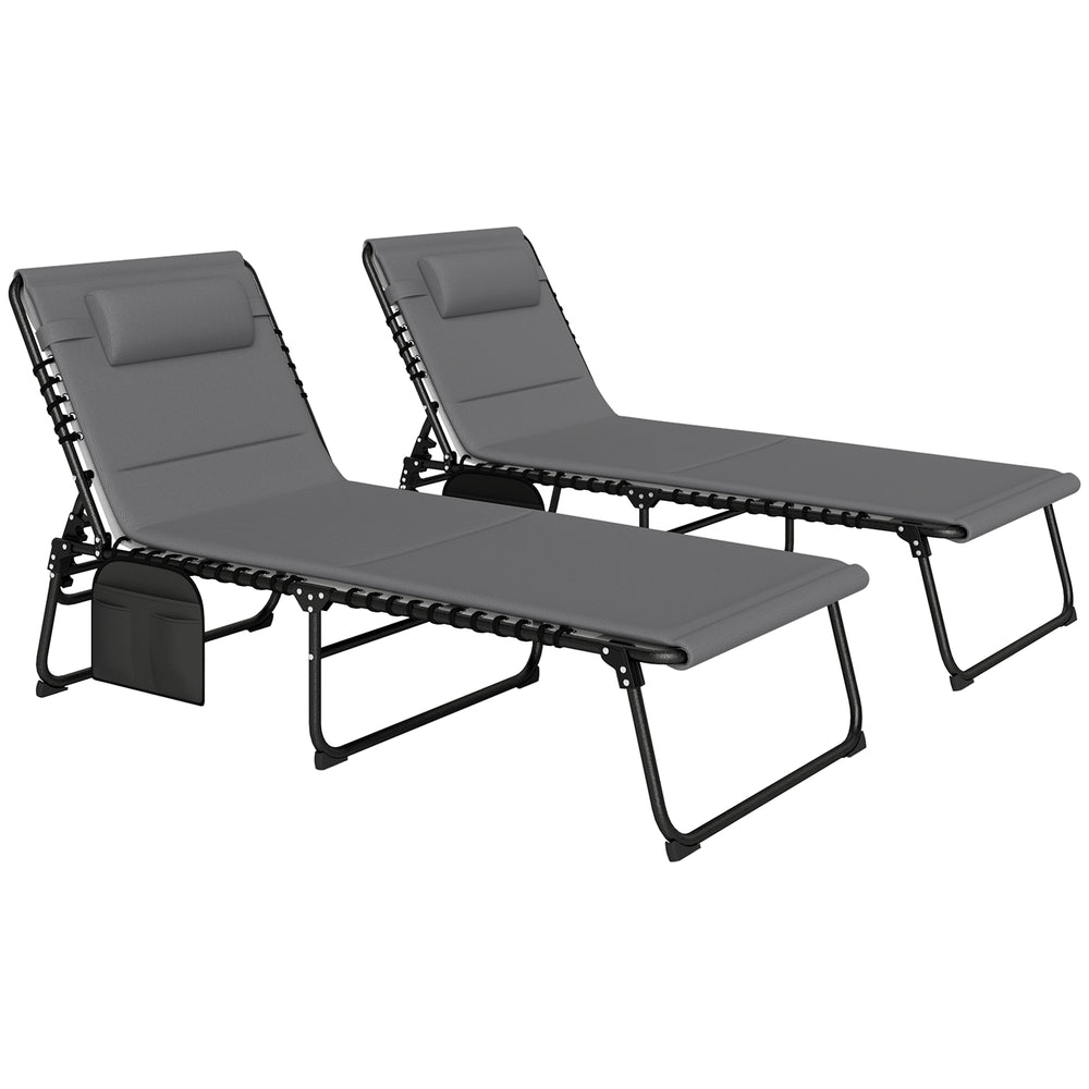 Folding Chaise Lounge Chair Set of 2, Reclining Outdoor Lounge Chair Set with Quick Drying Pad Headrest Side Pocket, Tanning Chair Set for Beach Garden Pool, Light Grey