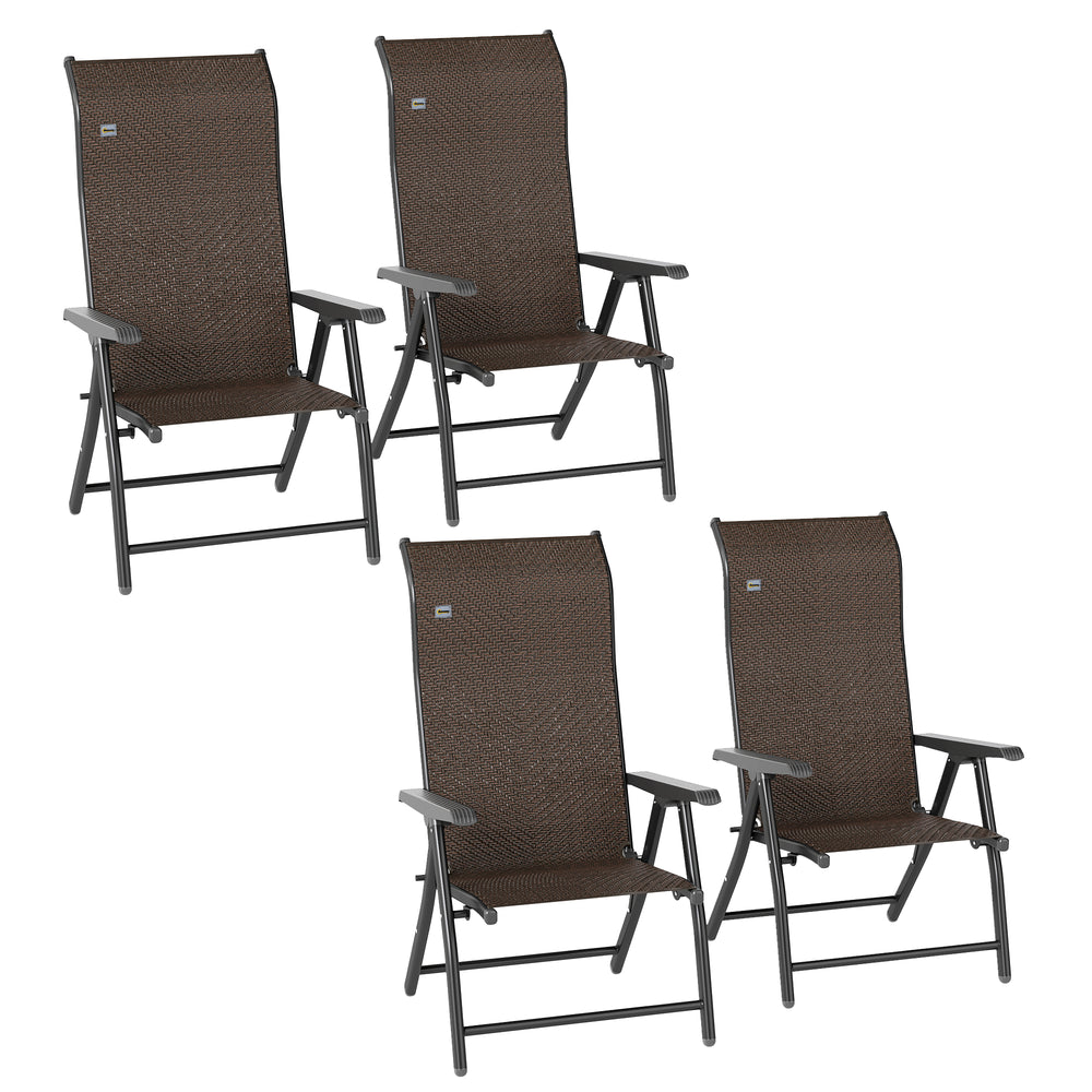 Set of 4 Outdoor Wicker Folding Chairs, Patio PE Rattan Dining Armrests Chair set with 7 Levels Adjustable Backrest, for Outdoors, Camping, Dark Brown