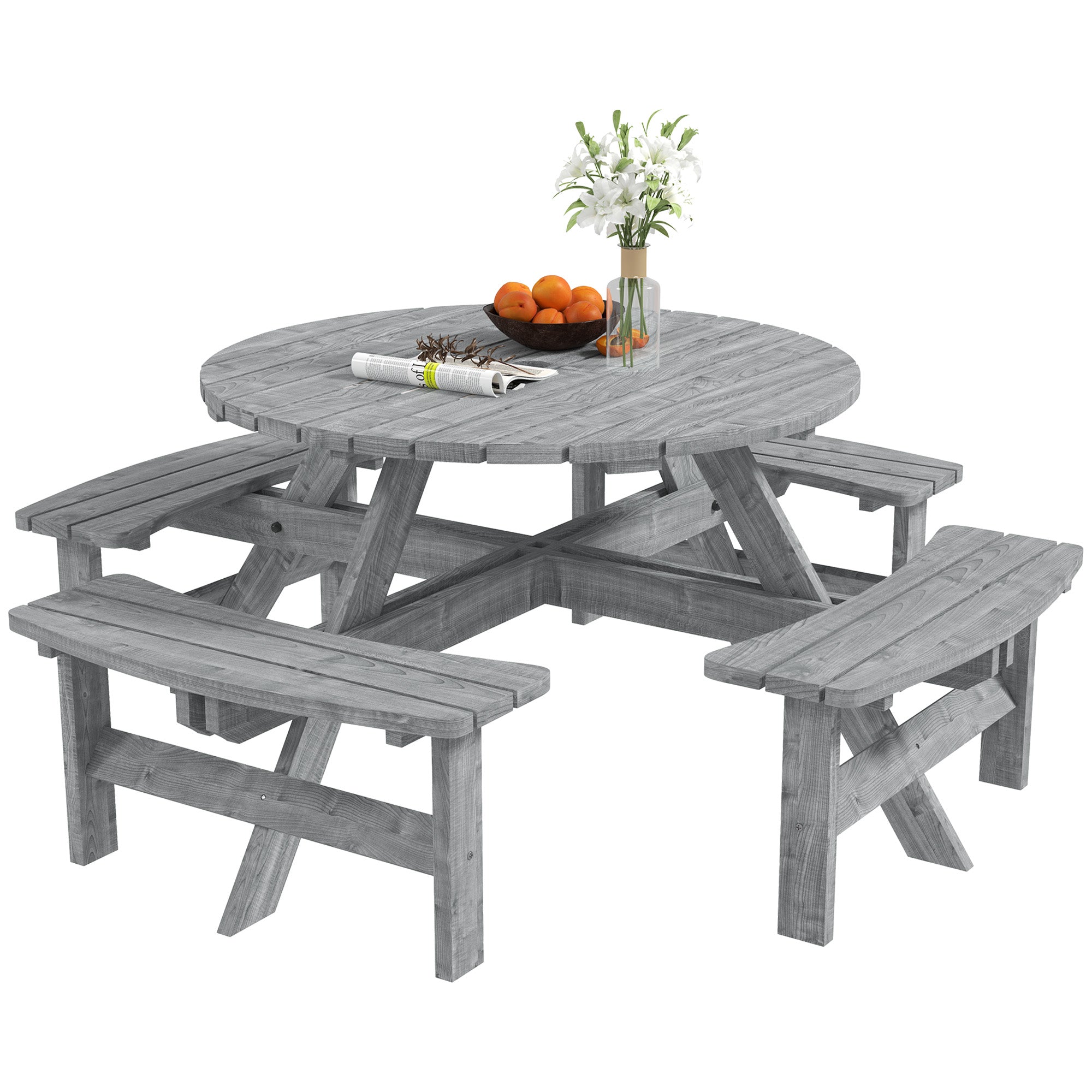 Seater Wooden Picnic Table and Garden Benches Set, Round Garden Dining  Set with Benches and Umbrella Hole Outdoor Garden Park, Grey Outsunny UK