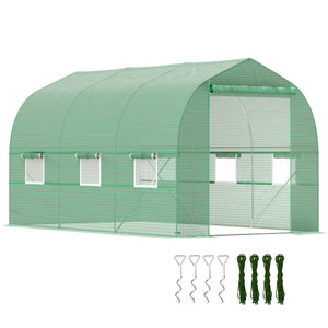 6.6' x 11' x 7' Walk-in Greenhouse Outdoor Plant Tunnel Warm Hot House w/ Roll Up Door and 6 Mesh Windows, Steel Frame, Green
