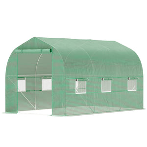 6.6' x 11' x 7' Walk-in Greenhouse Outdoor Plant Tunnel Warm Hot House w/ Roll Up Door and 6 Mesh Windows, Steel Frame, Green