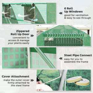 6.6' x 11' x 7' Walk-in Greenhouse Outdoor Plant Tunnel Warm Hot House w/ Roll Up Door and 6 Mesh Windows, Steel Frame, Green