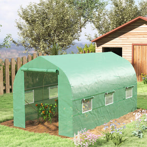6.6' x 11' x 7' Walk-in Greenhouse Outdoor Plant Tunnel Warm Hot House w/ Roll Up Door and 6 Mesh Windows, Steel Frame, Green