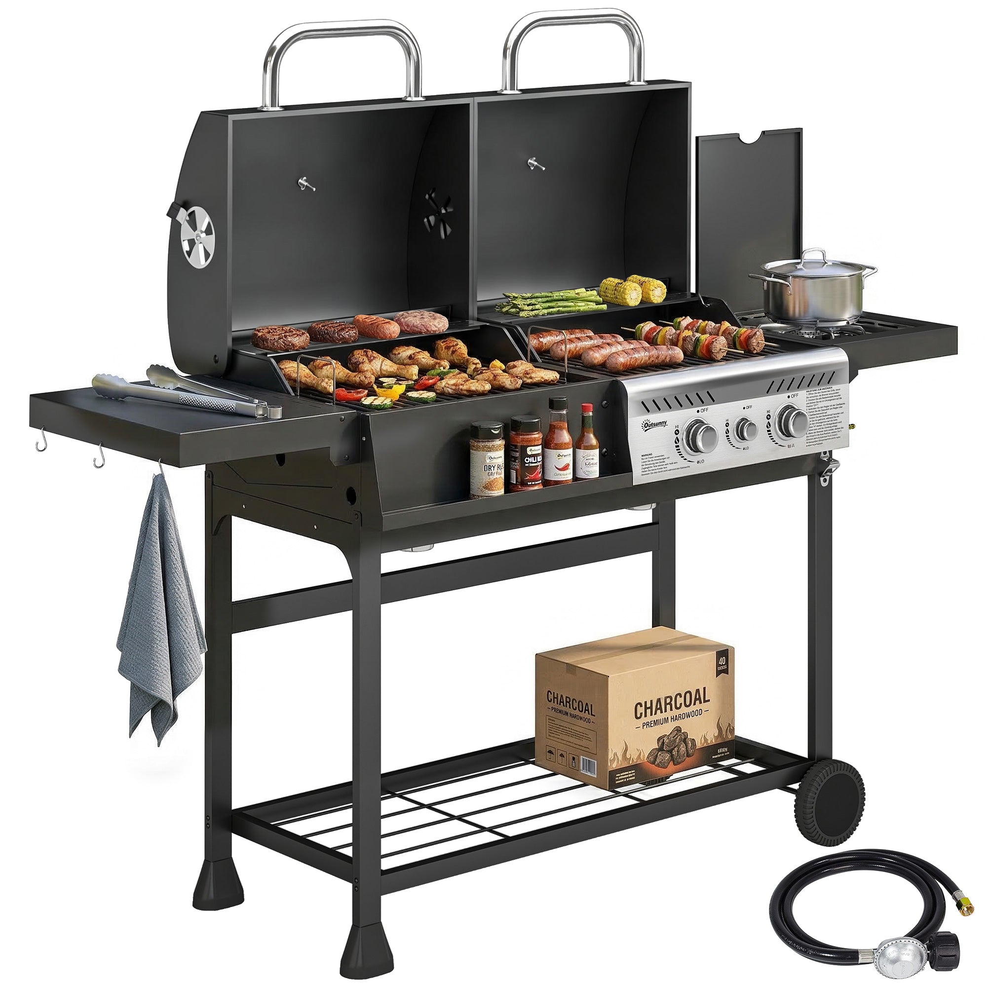 Outsunny Dual Fuel BBQ Grill with Charcoal and 2 1 Gas Burners, Black