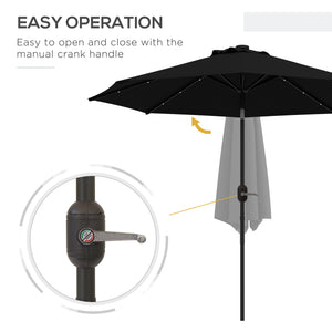 2.7m Patio Garden Umbrella Outdoor Parasol with Tilt Crank and 24 LEDs Lights (Black)