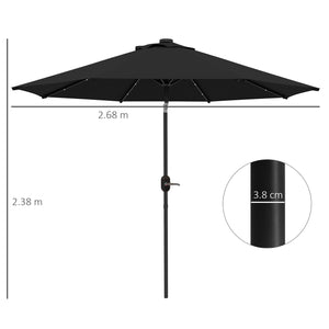 2.7m Patio Garden Umbrella Outdoor Parasol with Tilt Crank and 24 LEDs Lights (Black)