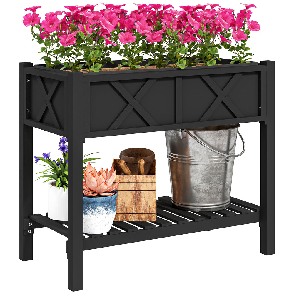 Wooden Raised Garden Bed, Elevated Planter Box with Storage Shelf, Drainage Holes and Liner for Backyard, Patio, Balcony, 34" x 18" x 30", Black