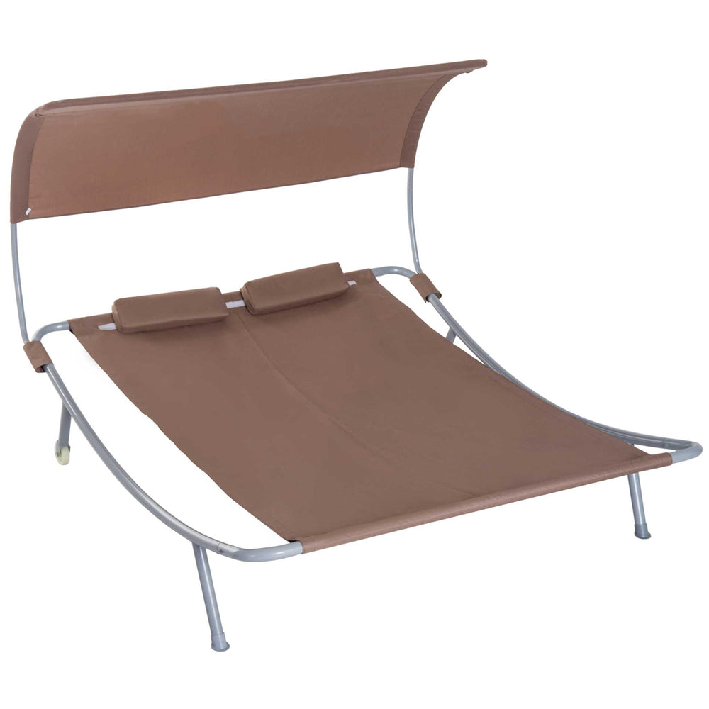 79" Outdoor Lounge Chair with Canopy, Double Garden Chaise Lounger Hammock Bed, Relaxing Sleeping Daybed w/ Pillow and Wheels, Brown