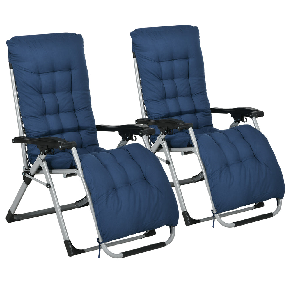Reclining Zero Gravity Chair with Adjustable Backrest, Folding Garden Sun Lounger with Removable Cushion and Headrest, Set of 2, Dark Blue