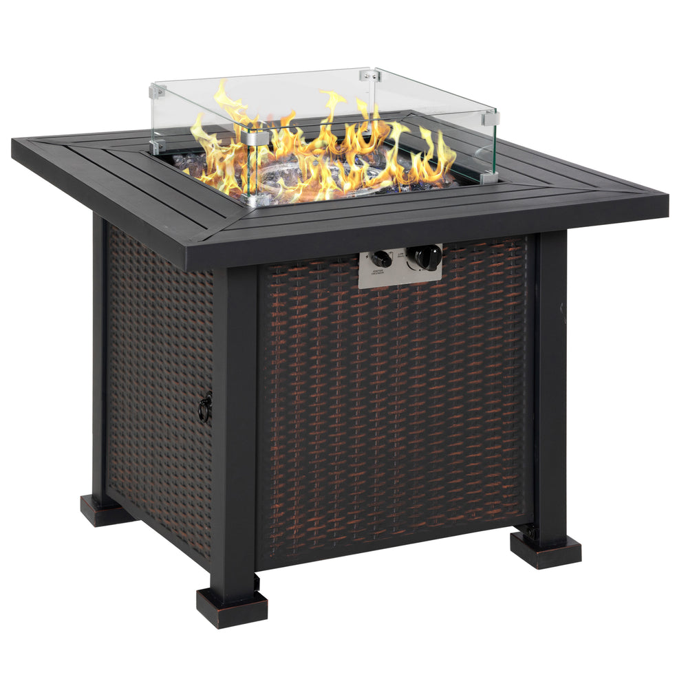 Square Propane Gas Fire Pit Table, 50000 BTU Rattan Smokeless Firepit Patio Heater with Glass Screen, Glass Beads and Lid, 81cm x 81cm x 64cm, Black