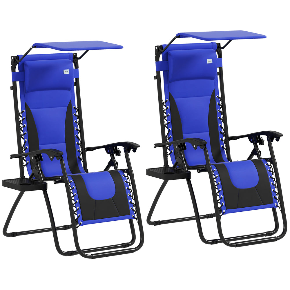 Zero Gravity Lounger Chair Set of 2, Folding Reclining Patio Chair with Shade Cover, Cup Holder, Soft Cushion and Headrest for Poolside, Camping, Blue
