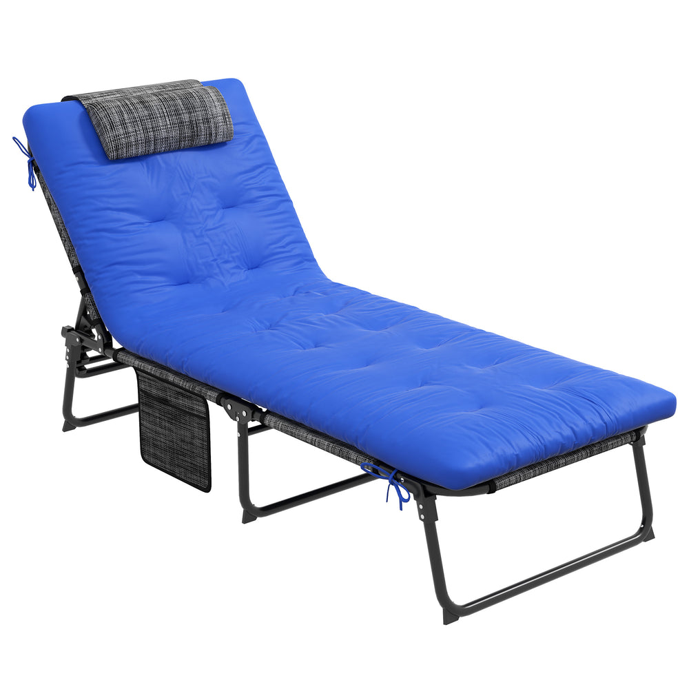 Folding Lounge Chair with 4-level Reclining Back, Outdoor Tanning Chair with Cushion, Sun Lounger with Breathable Mesh Fabric, Side Pocket, Headrest, Blue