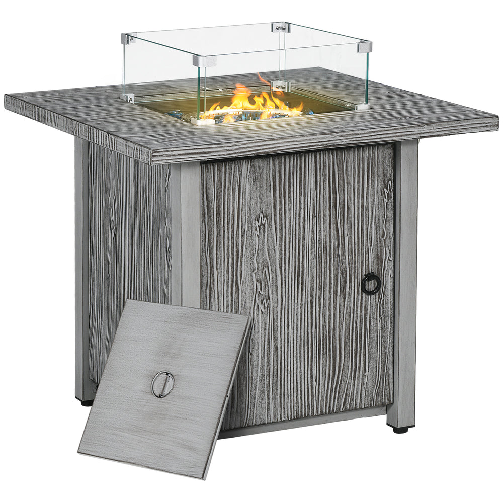 Propane Gas Fire Pit Table for Garden, 40000 BTU Smokeless Firepit Outdoor Patio Heater with Waterproof Cover, Glass Screen, Glass Beads and Lid, Wood Effect, 71 x 71 x 62.5cm, Grey