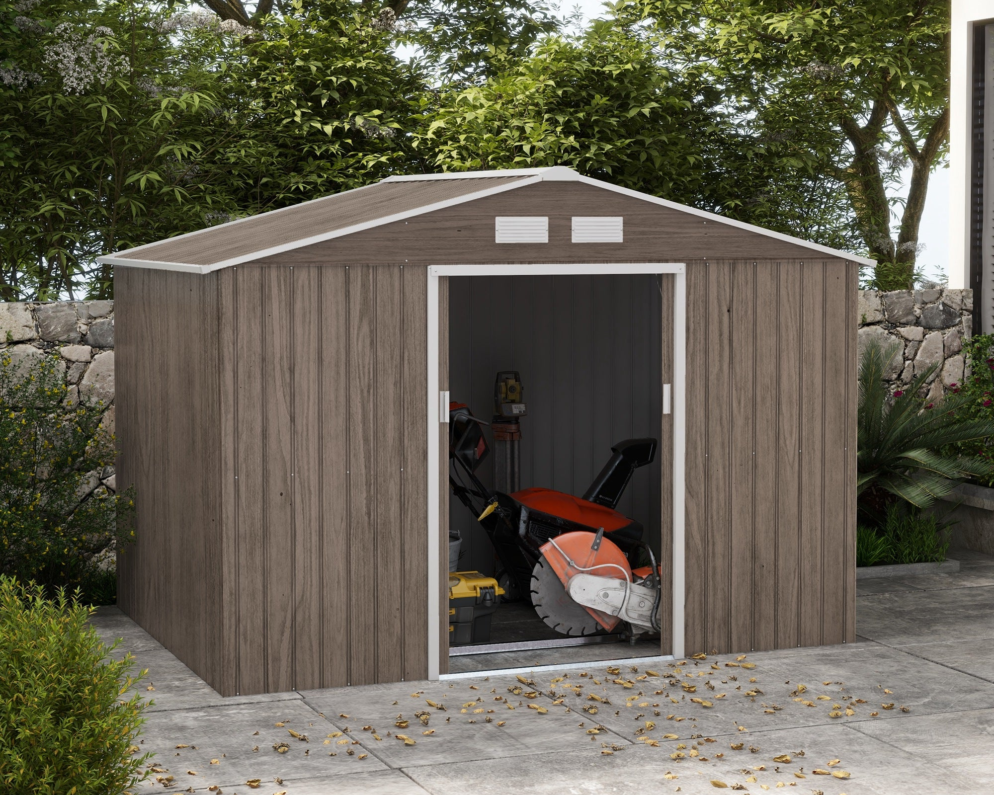 EverBase 9' x 6' Garden Storage Shed with Foundation Kit, Metal Tool Storage House with Double Doors for Outdoor Patio Yard, Distressed Light Brown
