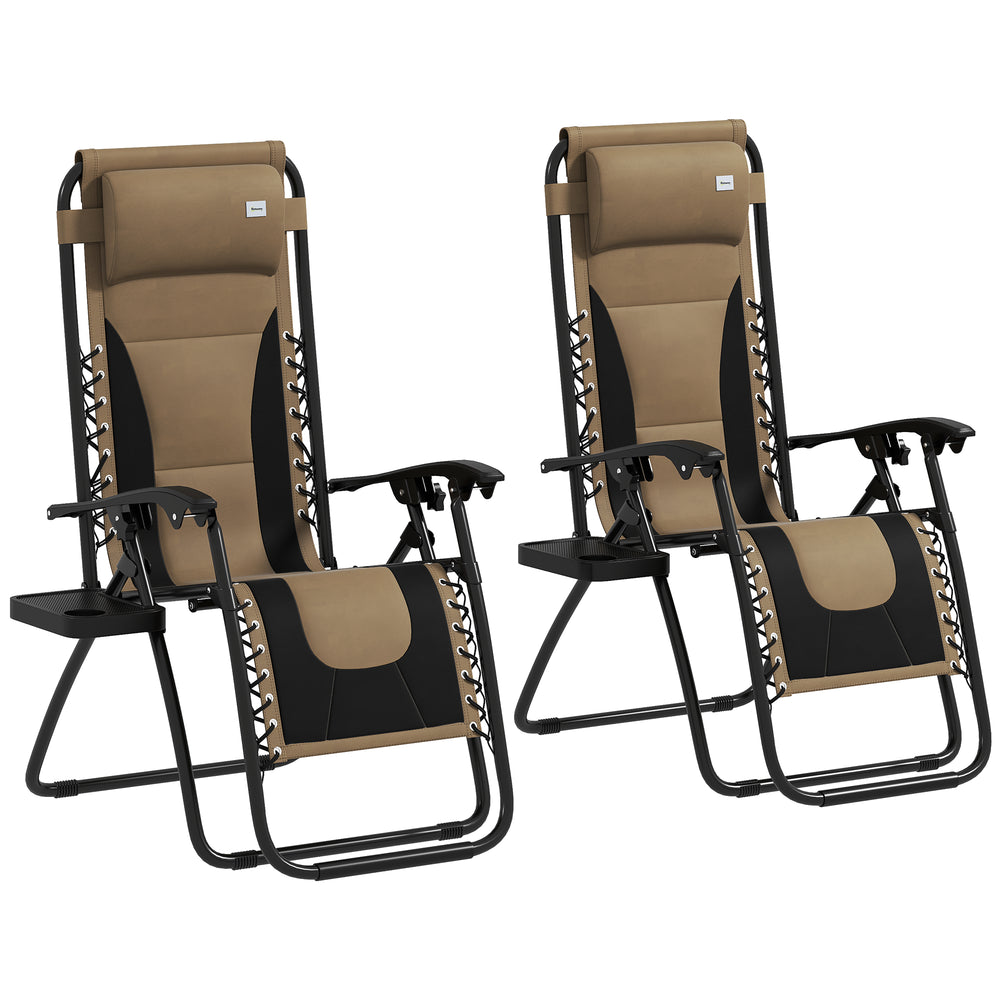 Zero Gravity Lounger Chair Set of 2, Folding Reclining Patio Chair with Padded Seat, Cup Holder, Soft Cushion and Headrest for Poolside, Camping, Coffee
