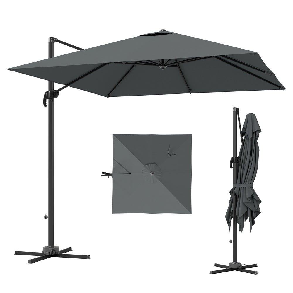 8 FT Cantilever Patio Umbrella, UPF50+ Outdoor Square Aluminium Offset Umbrella with 360° Rotation, Cross Base, Crank and Tilt for Garden, Patio, Deck and Pool, Dark Grey