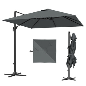 8 FT Cantilever Patio Umbrella, UPF50+ Outdoor Square Aluminium Offset Umbrella with 360° Rotation, Cross Base, Crank and Tilt for Garden, Patio, Deck and Pool, Dark Grey