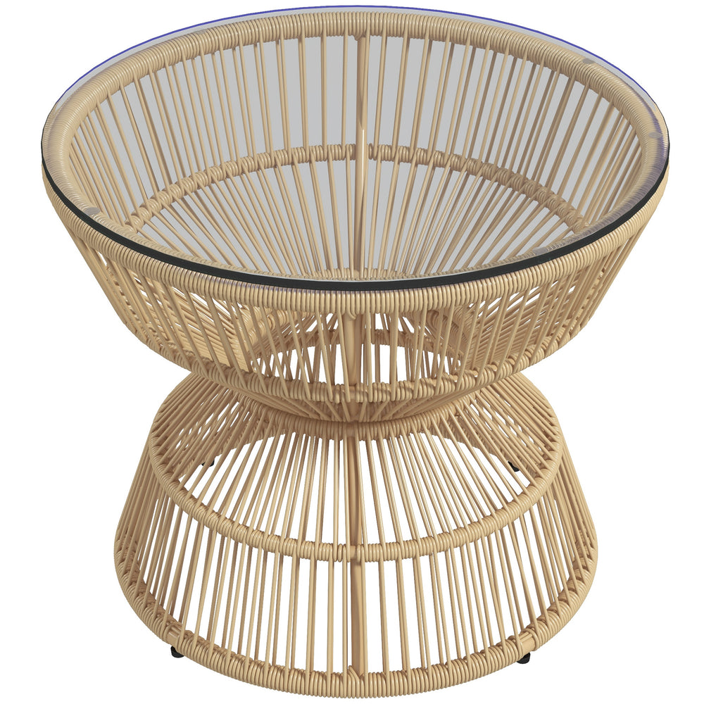 Rattan Outdoor Coffee Table, Patio End Table with Tempered Glass Tabletop & Steel Frame, Round Side Table Wicker Furniture for Backyard Lawn Balcony, Nature Wood