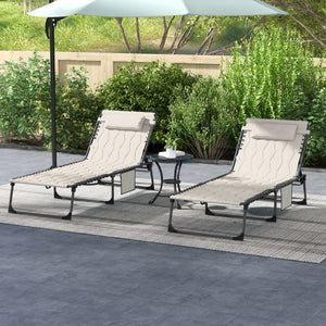 2 Piece Foldable Sun Lounger Set with 5-level Reclining Back, Outdoor Tanning Chairs Sun Loungers with Build-in Padded Seat, Side Pocket, Headrest for Beach, Yard, Patio, Khaki