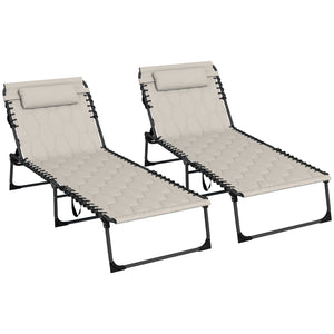 2 Piece Foldable Sun Lounger Set with 5-level Reclining Back, Outdoor Tanning Chairs Sun Loungers with Build-in Padded Seat, Side Pocket, Headrest for Beach, Yard, Patio, Khaki