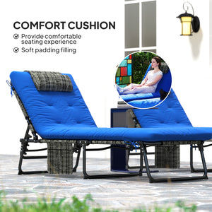 2 Pieces Folding Lounge Chairs with 4-level Reclining Back, Outdoor Tanning Chair with Cushion, Sun Lounger with Breathable Mesh Fabric, Side Pocket, Headrest, Blue
