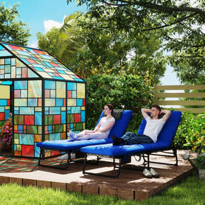 2 Pieces Folding Lounge Chairs with 4-level Reclining Back, Outdoor Tanning Chair with Cushion, Sun Lounger with Breathable Mesh Fabric, Side Pocket, Headrest, Blue