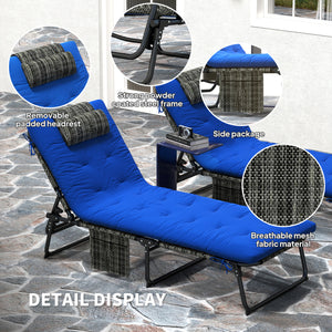 2 Pieces Folding Lounge Chairs with 4-level Reclining Back, Outdoor Tanning Chair with Cushion, Sun Lounger with Breathable Mesh Fabric, Side Pocket, Headrest, Blue