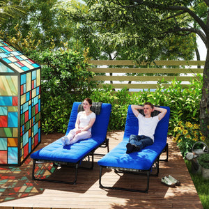 2 Pieces Folding Lounge Chairs with 4-level Reclining Back, Outdoor Tanning Chair with Cushion, Sun Lounger with Breathable Mesh Fabric, Side Pocket, Headrest, Blue