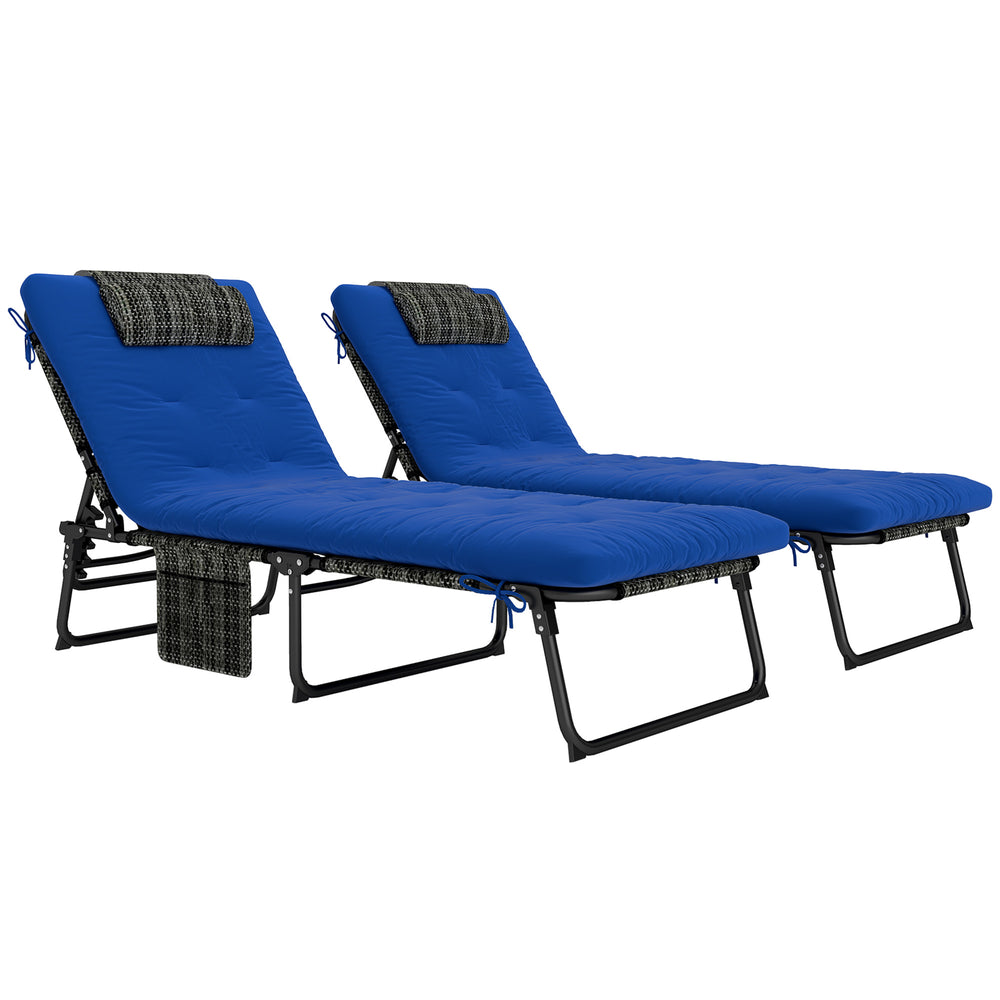 2 Pieces Folding Lounge Chairs with 4-level Reclining Back, Outdoor Tanning Chair with Cushion, Sun Lounger with Breathable Mesh Fabric, Side Pocket, Headrest, Blue