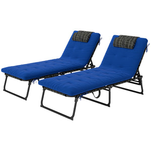 2 Pieces Folding Lounge Chairs with 4-level Reclining Back, Outdoor Tanning Chair with Cushion, Sun Lounger with Breathable Mesh Fabric, Side Pocket, Headrest, Blue