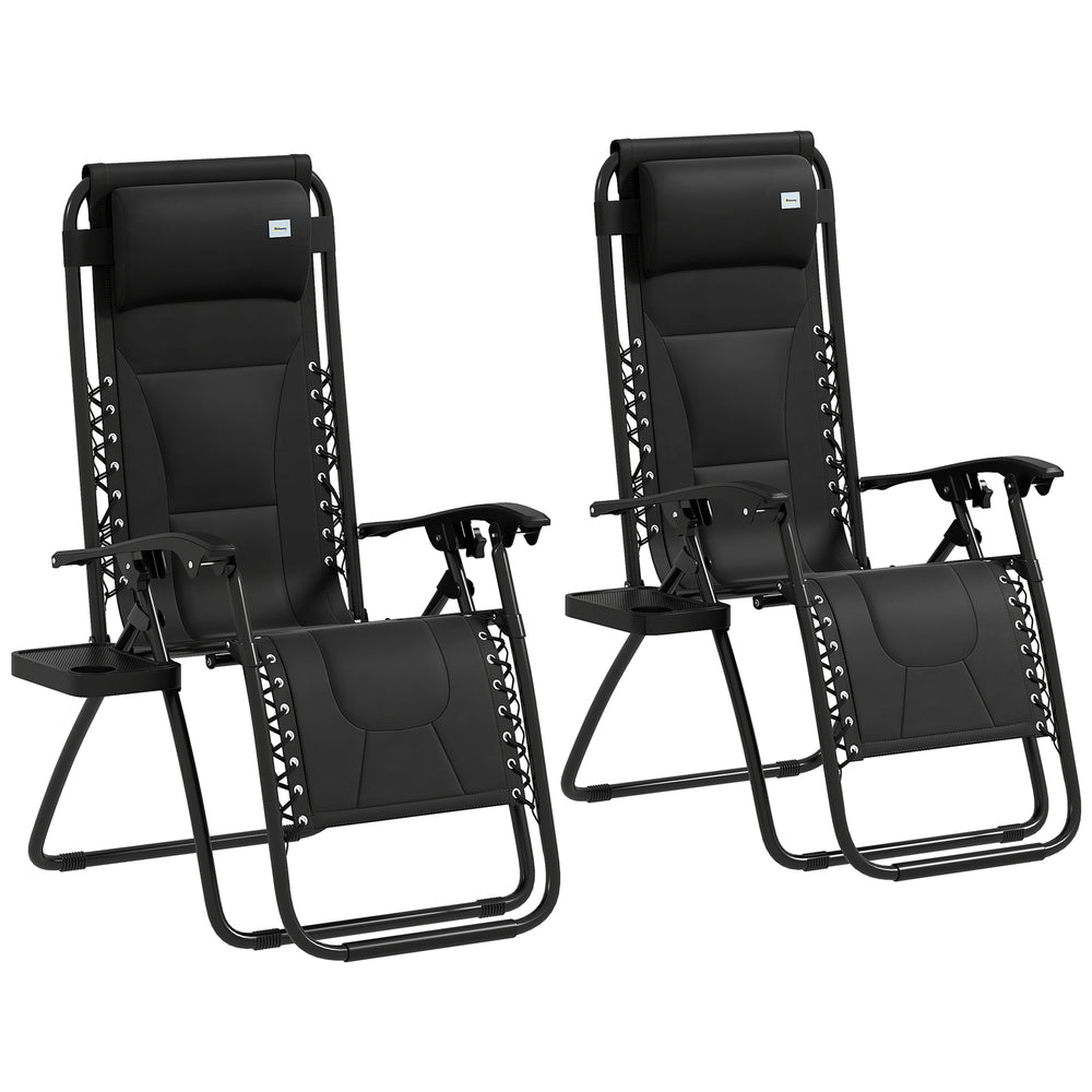 Zero Gravity Lounger Chair Set of 2, Folding Reclining Patio Chair with Padded Seat, Cup Holder, Soft Cushion and Headrest for Poolside, Camping, Black