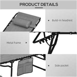 2 Piece Foldable Sun Lounger Set with 5-level Reclining Back, Outdoor Tanning Chairs Sun Loungers with Build-in Padded Seat, Side Pocket, Headrest for Beach, Yard, Patio, Grey