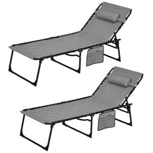 2 Piece Foldable Sun Lounger Set with 5-level Reclining Back, Outdoor Tanning Chairs Sun Loungers with Build-in Padded Seat, Side Pocket, Headrest for Beach, Yard, Patio, Grey