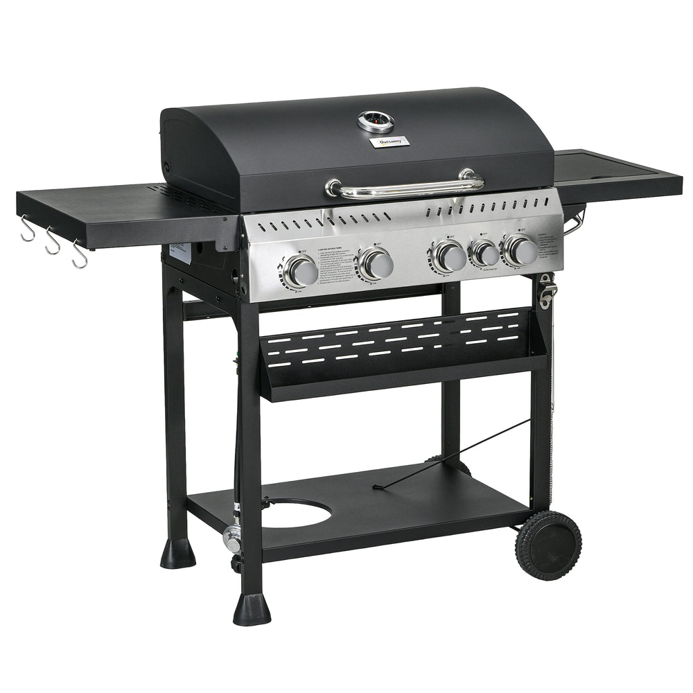 Propane Gas Grill with 4 Main Burners, 1 Side Burner, 40,000 BTU Outdoor BBQ Grill Cart with Wheels, Warming Rack, Shelves, Thermometer, Bottle Opener, Black