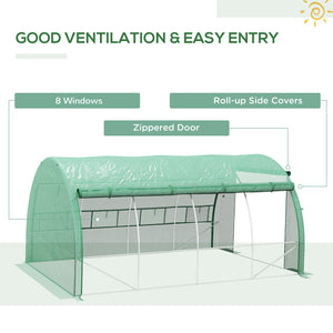 4 x 3 x 2 m Polytunnel Greenhouse with Roll-up Side Walls, Walk-in Grow House Tent with Steel Frame, Reinforced Cover, Zipped Door and 12 Mesh Windows for Garden, Green