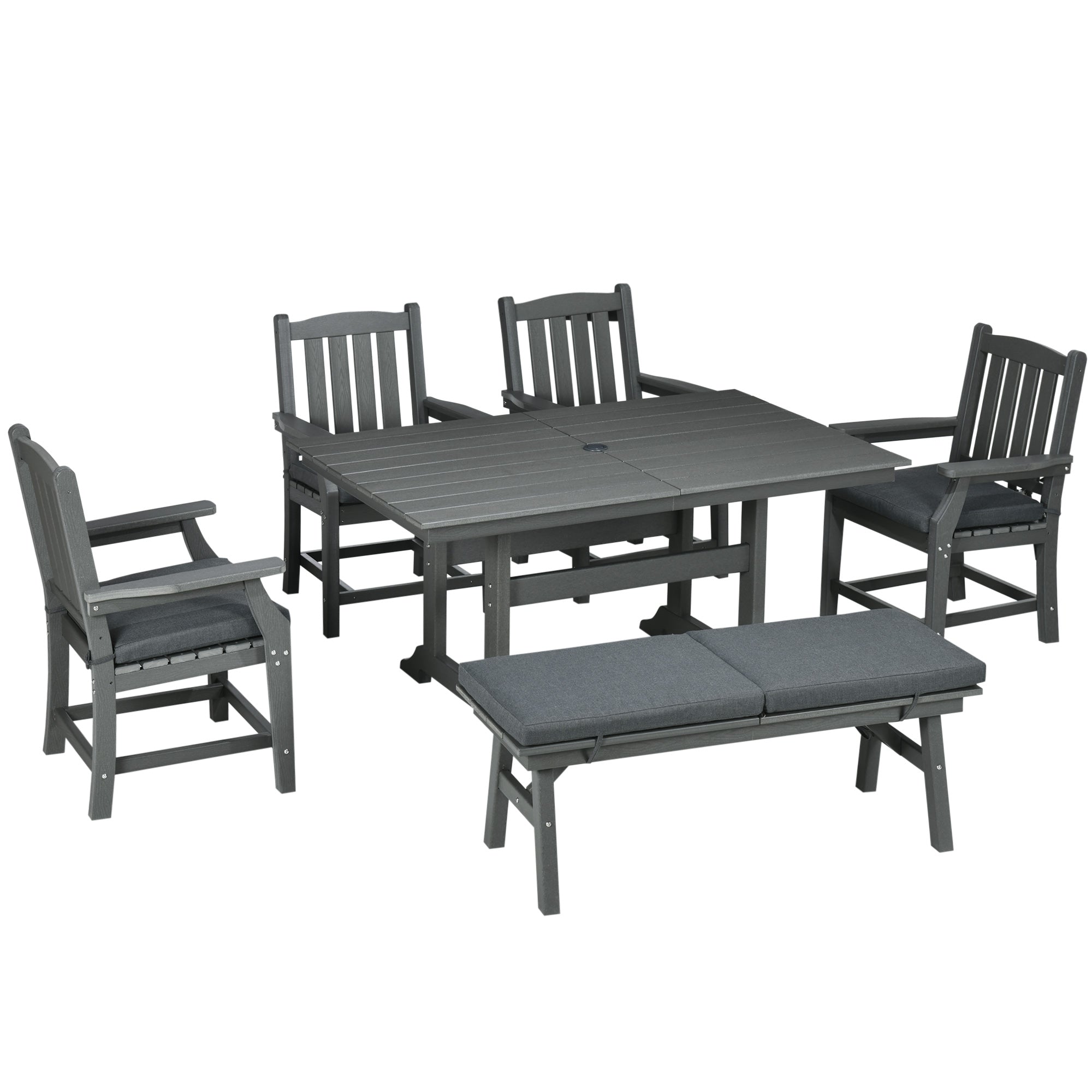 Outsunny 6-Seater Outdoor Dining Set with Loveseat, Umbrella Hole & Cushioned Seating, Dark Gray