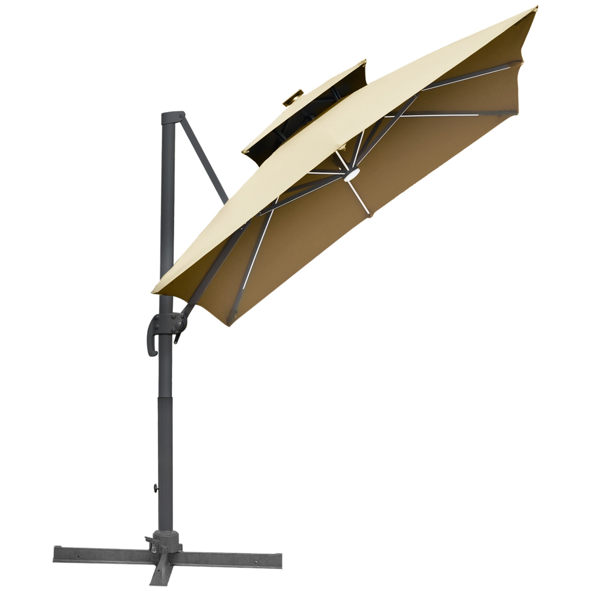 10 ft patio offset cantilever umbrella with solar lights Outsunny 10ft Khaki Solar LED Cantilever Umbrella with 360 Rotation and Tilt for Outdoor Garden Yard