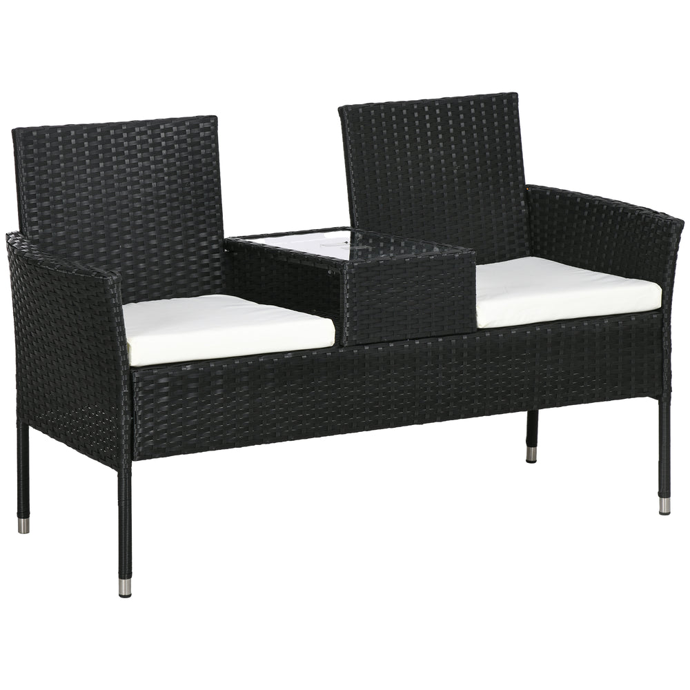 2-Seat Patio Furniture with Tea Table, Outdoor PE Rattan Wicker Loveseat with Padded Cushions and Tempered Glass Top for Garden, Porch, Poolside, Cream White