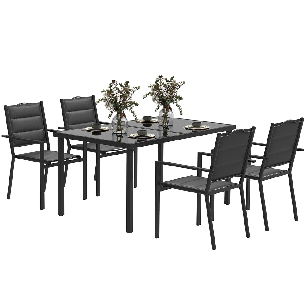 5 Piece Outdoor Dining Set, Patio Furniture Set with 4 Stackable Chairs, Rectangle Table, Tempered Glass Top, Steel Frame, for Backyard, Porch, Garden, Poolside