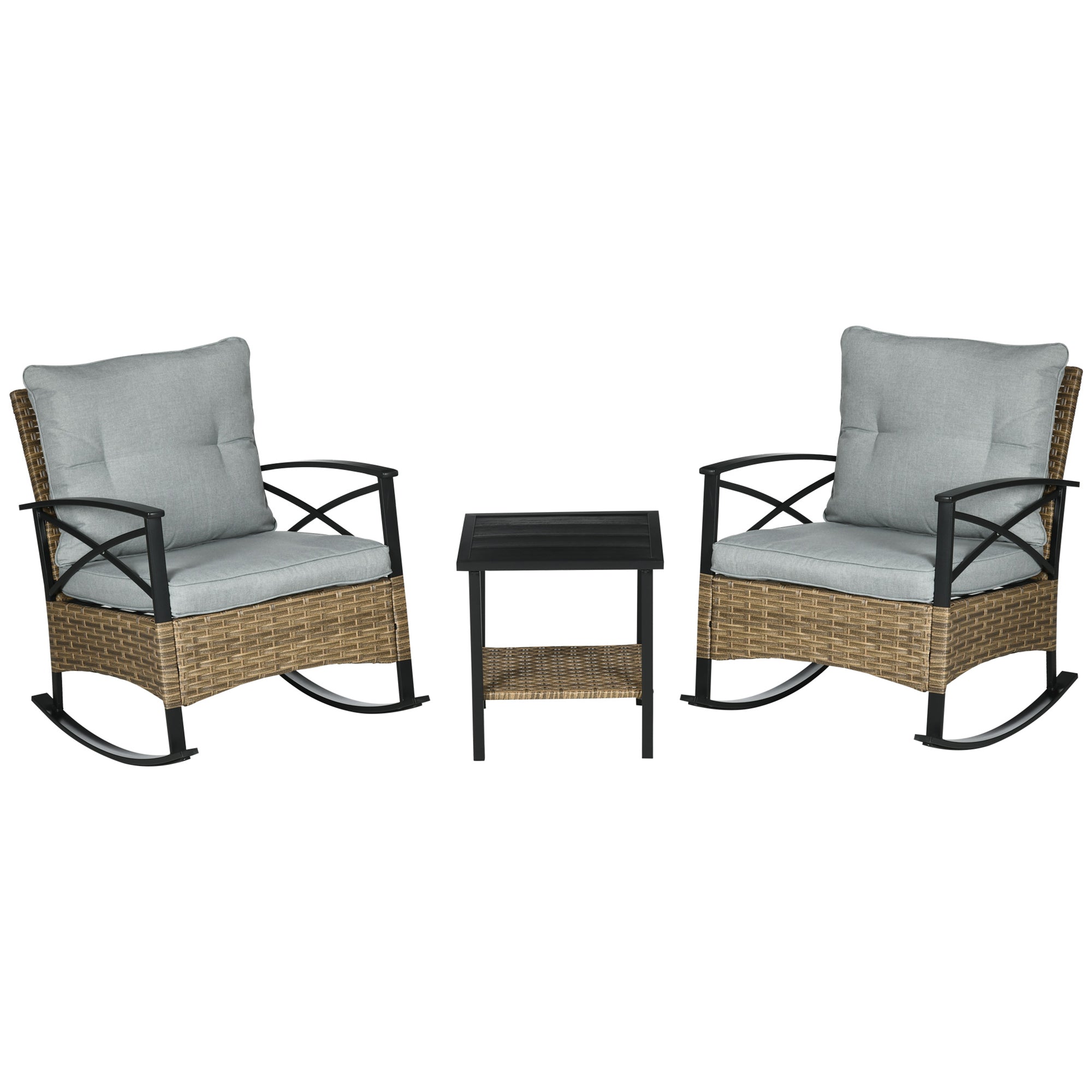 Outsunny Piece Outdoor Rocking Chair Set with Cushioned Rockers and  Tier Coffee Table, Light Gray