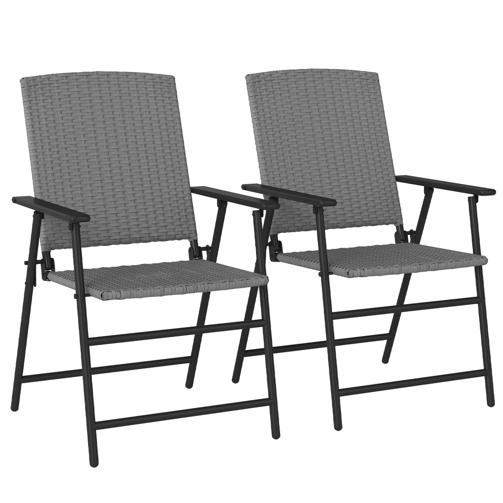 Folding Garden Chairs Set of 2, PE Rattan Garden Dining Chairs with Armrests, High Back and Steel Frame, Weather Resistant Outdoor Dining Furniture for Patio, Balcony, Grey