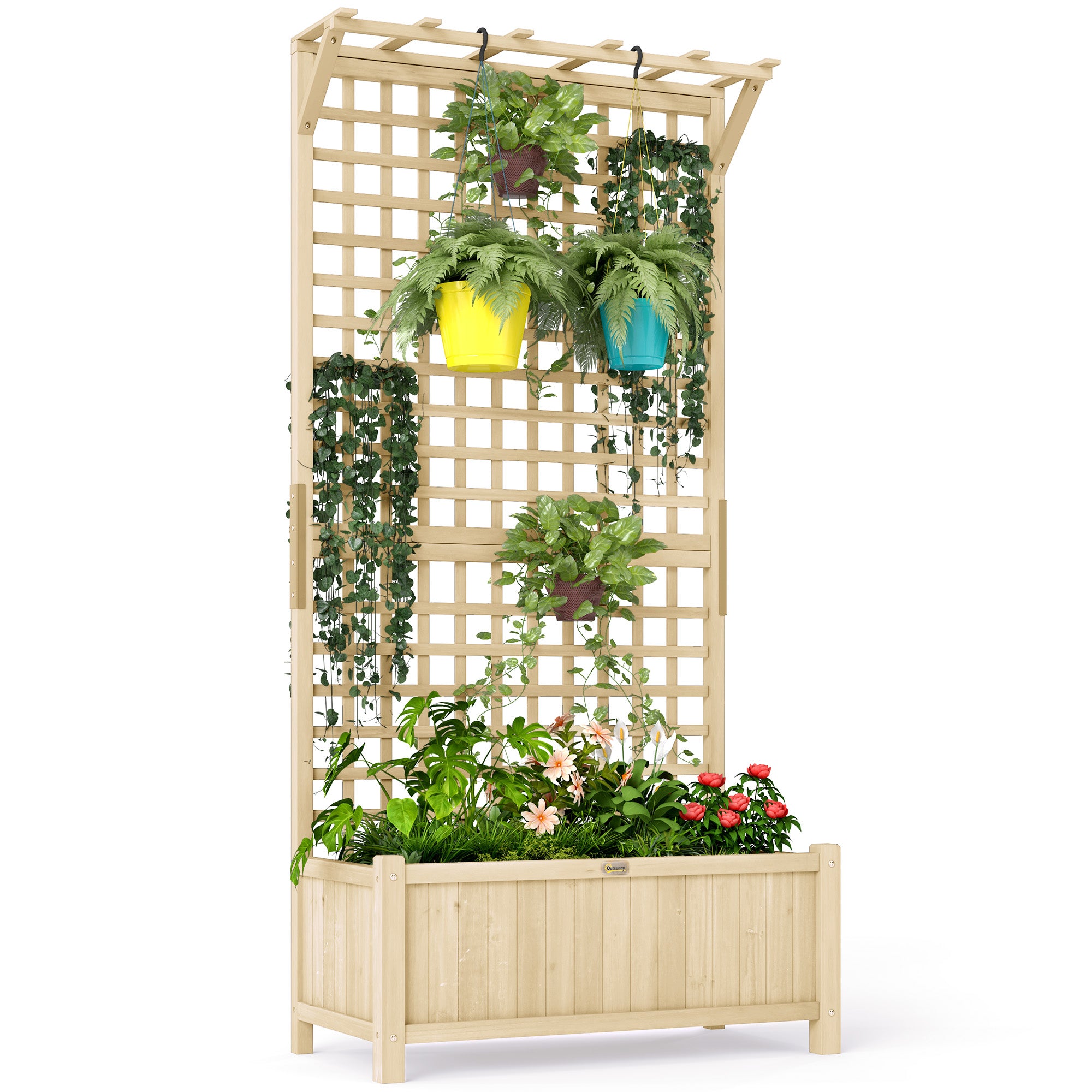 Outsunny Raised Garden Bed, Wood Planter with Trellis for Vine Climbing,  Privacy Screen Planter Box to Grow Vegetables, Herbs, and Flowers for B
